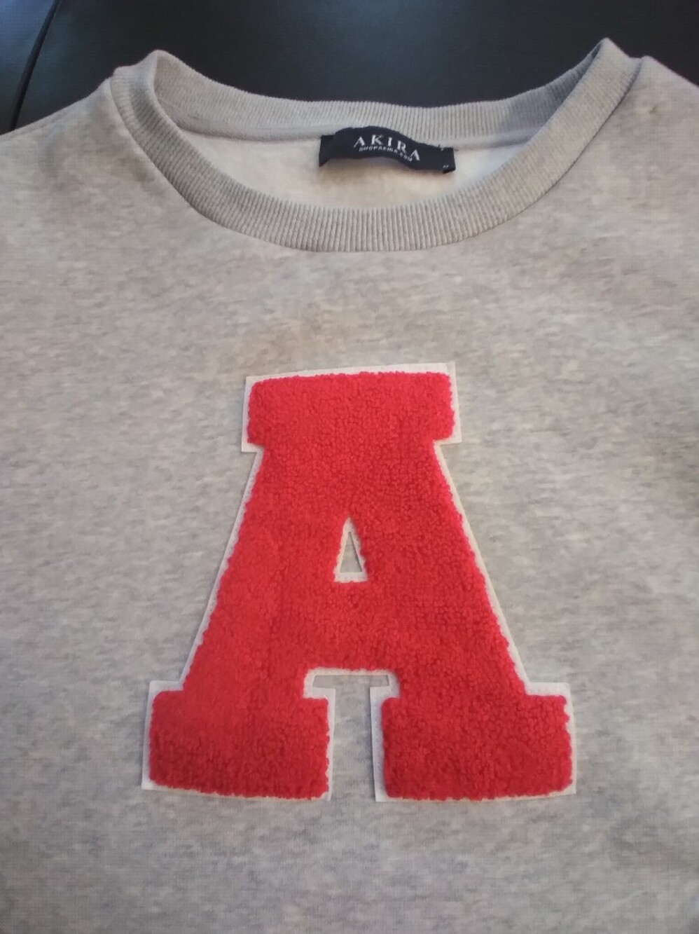 Akira  Brand Gray Cropped Sweatshirt with Red 'A' and Yellow Puff Sleeves Size M - Picture 9 of 11